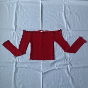 Ruffled Rouched Red Long Sleeve Ruched Crop Top